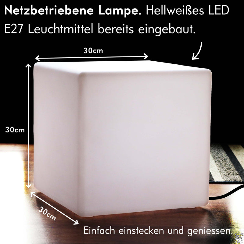 Netzbetriebene LED Tischlampe, 30cm Würfel, E27 Leuchtmittel weiss